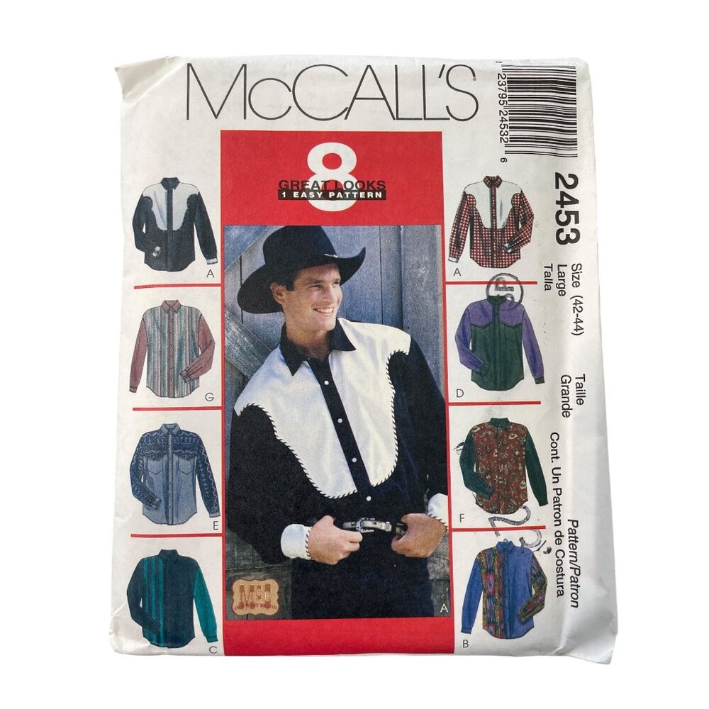 90s McCalls 2453 Sewing Pattern Size Large 42-44 Men Western Shirt Vintage UNCUT